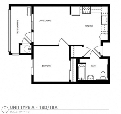 Floor plan for 1 bed, 1 bath, 685 sqft